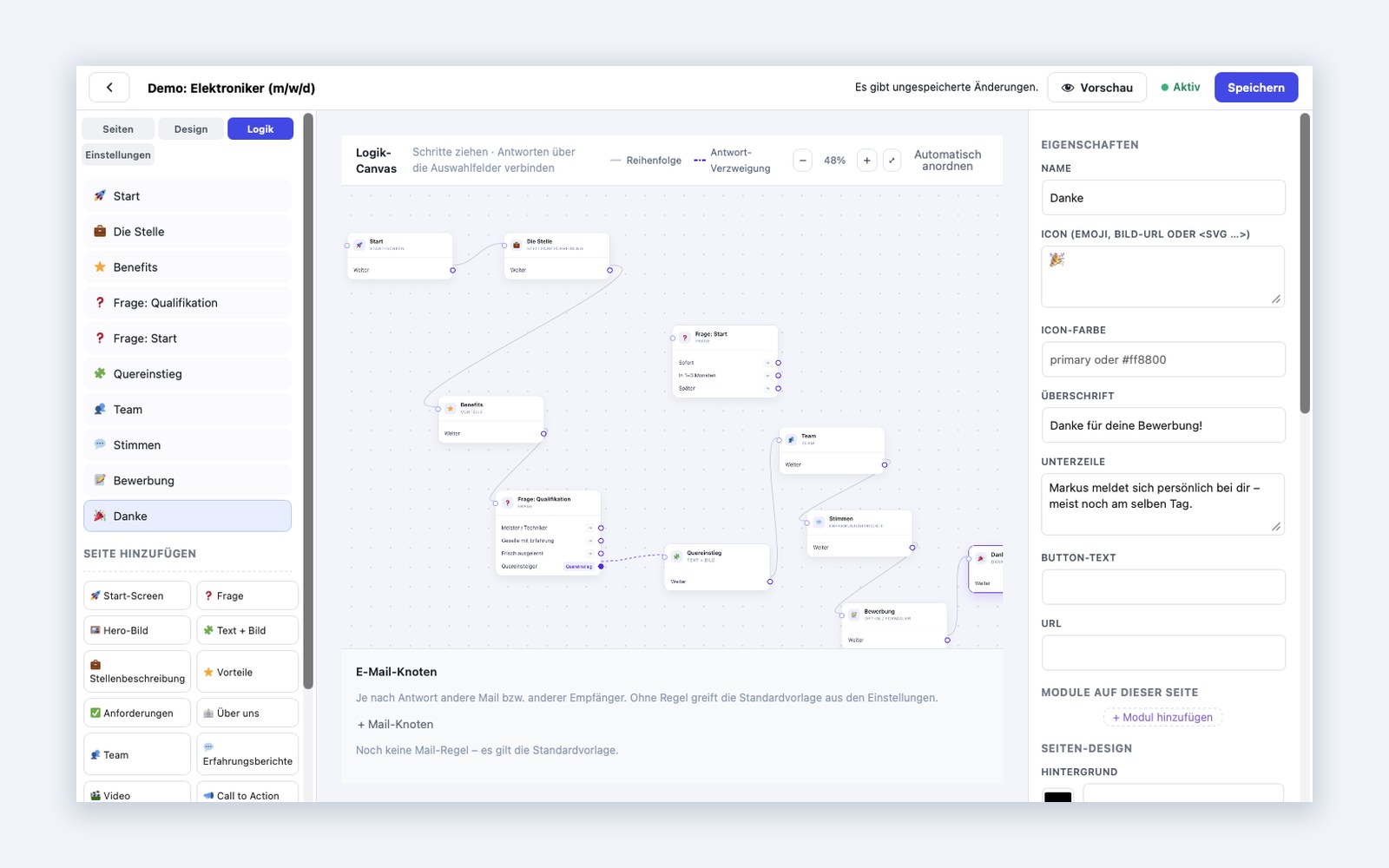 Logik-Canvas – Antwortpfade, Bedingungen und Aktionen werden als verbundener Workflow geplant.