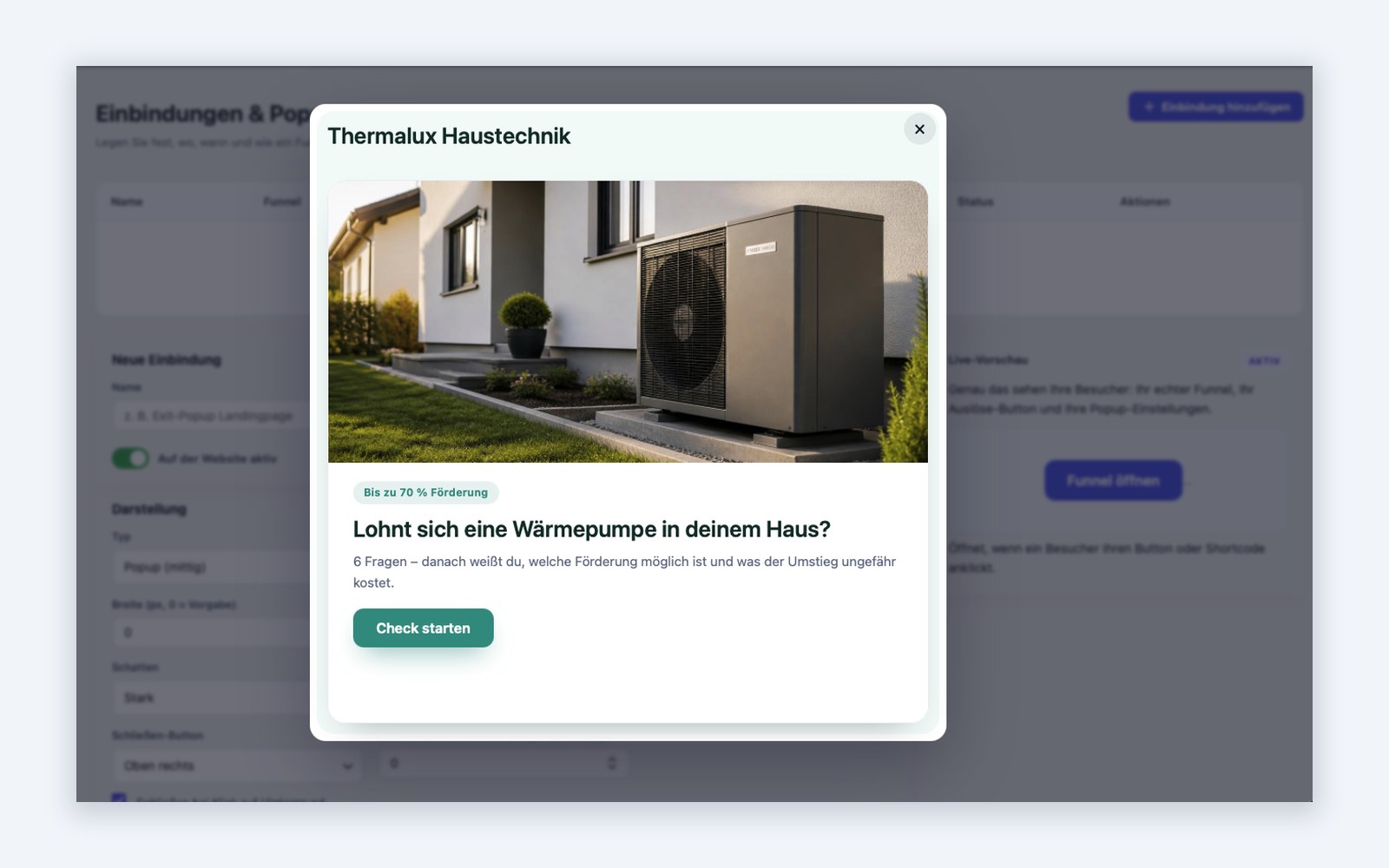 Frosted Live-Popup – Der echte Funnel öffnet sich über der Seite; auf Mobilgeräten direkt als eigene Ansicht.