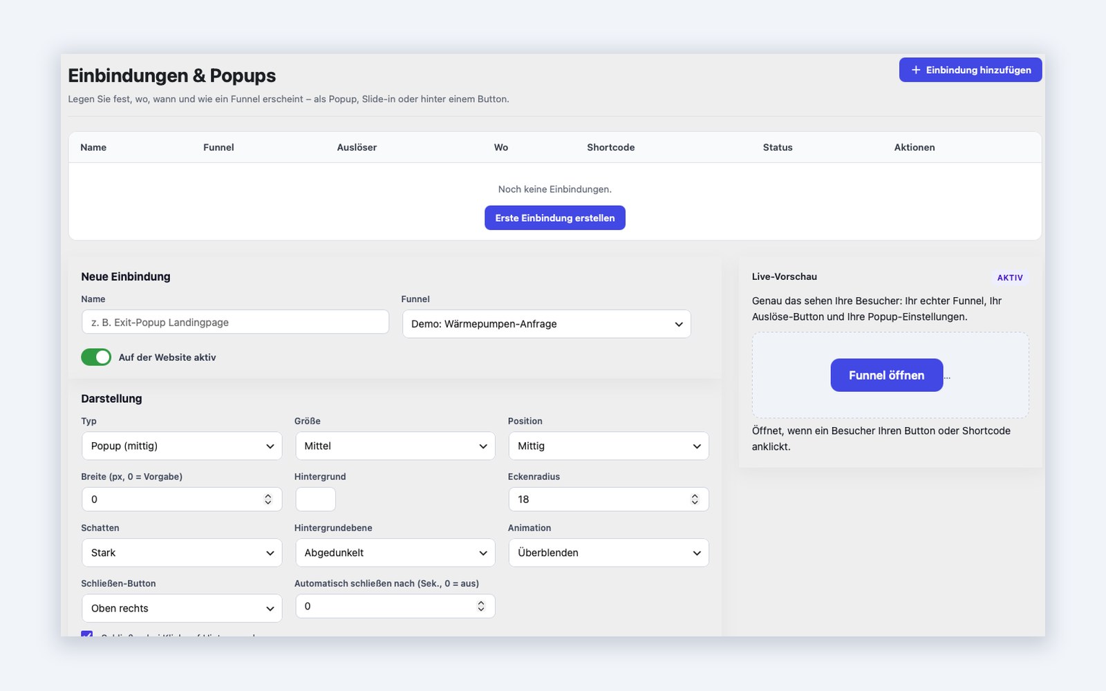 Einbindungs- und Popup-Manager – Auslöser, Größe, Position und Hintergrund werden neben der Live-Vorschau eingestellt.