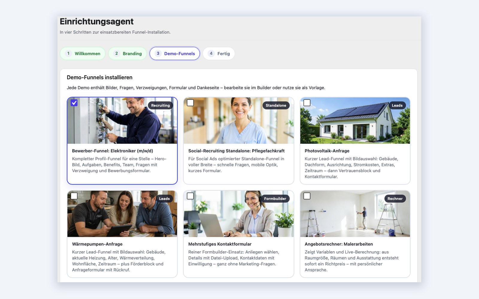 Einrichtungsagent mit Vorlagen – Professionelle Startvorlagen für Recruiting, Energie, Service und Kontakt werden direkt eingerichtet.