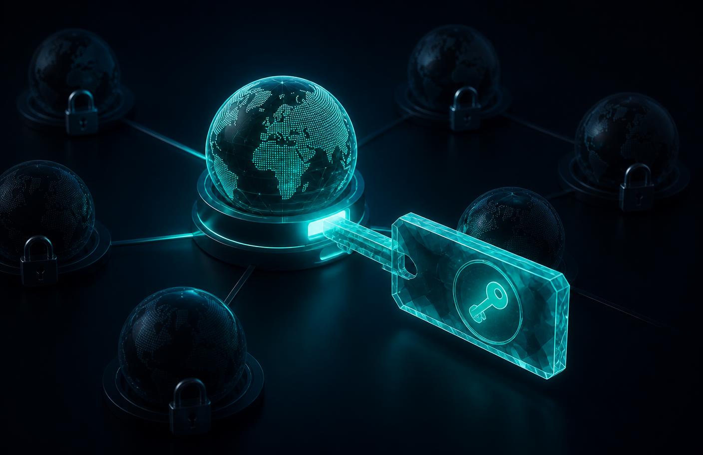 KI-generierte Illustration: ein Lizenzschlüssel ist mit genau einer aktiven Domain verbunden, weitere Domains sind gesperrt