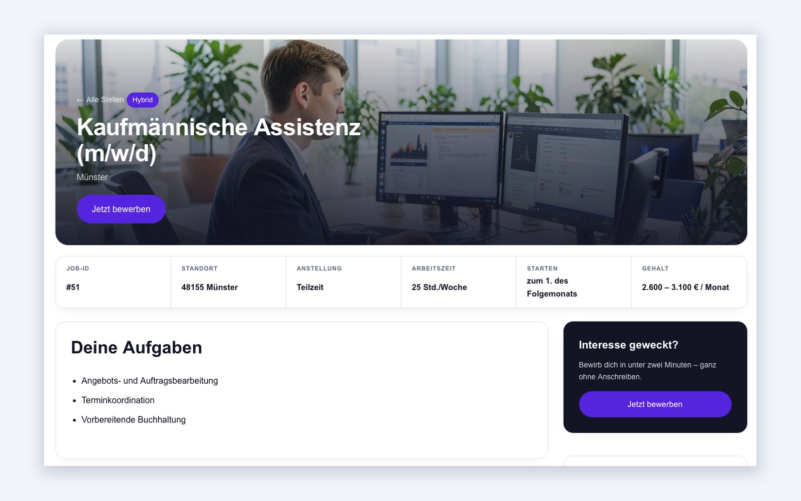 Stellenanzeige mit Arbeitgeberprofil – Großes Arbeitgeberbild, Fakten, Aufgaben, Vorteile und eine sichtbare Bewerbungsmöglichkeit.